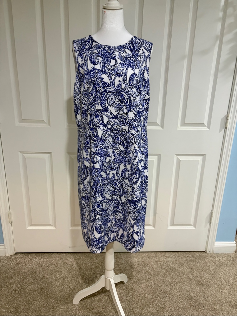 Evan Picone White Midi Dress with Blue Paisley Print